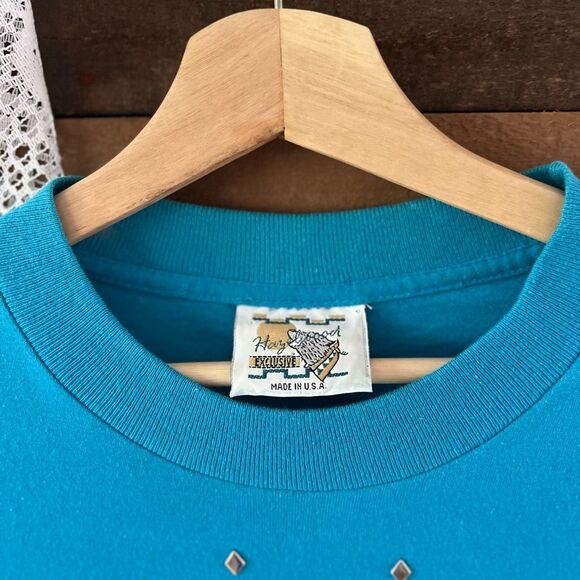 Vintage Western Hazelwoods Crew Blue & Silver Fringe Southwestern Aztec T-Shirt - Picture 5 of 8